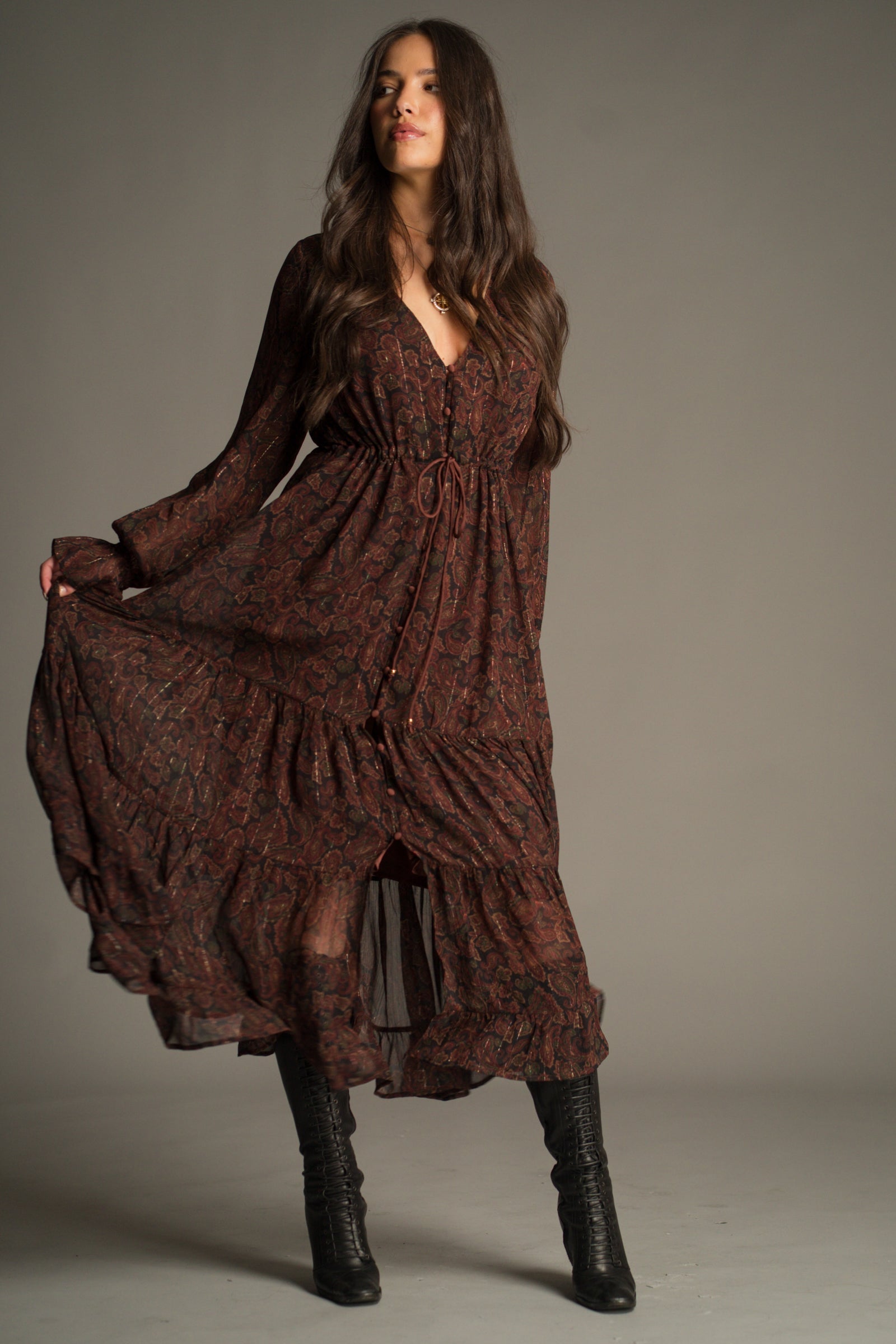 Dark Paradise Paisley Maxi Dress in wine, rust and emerald paisley chiffon. Styled with Vintage YSL knee high boots.